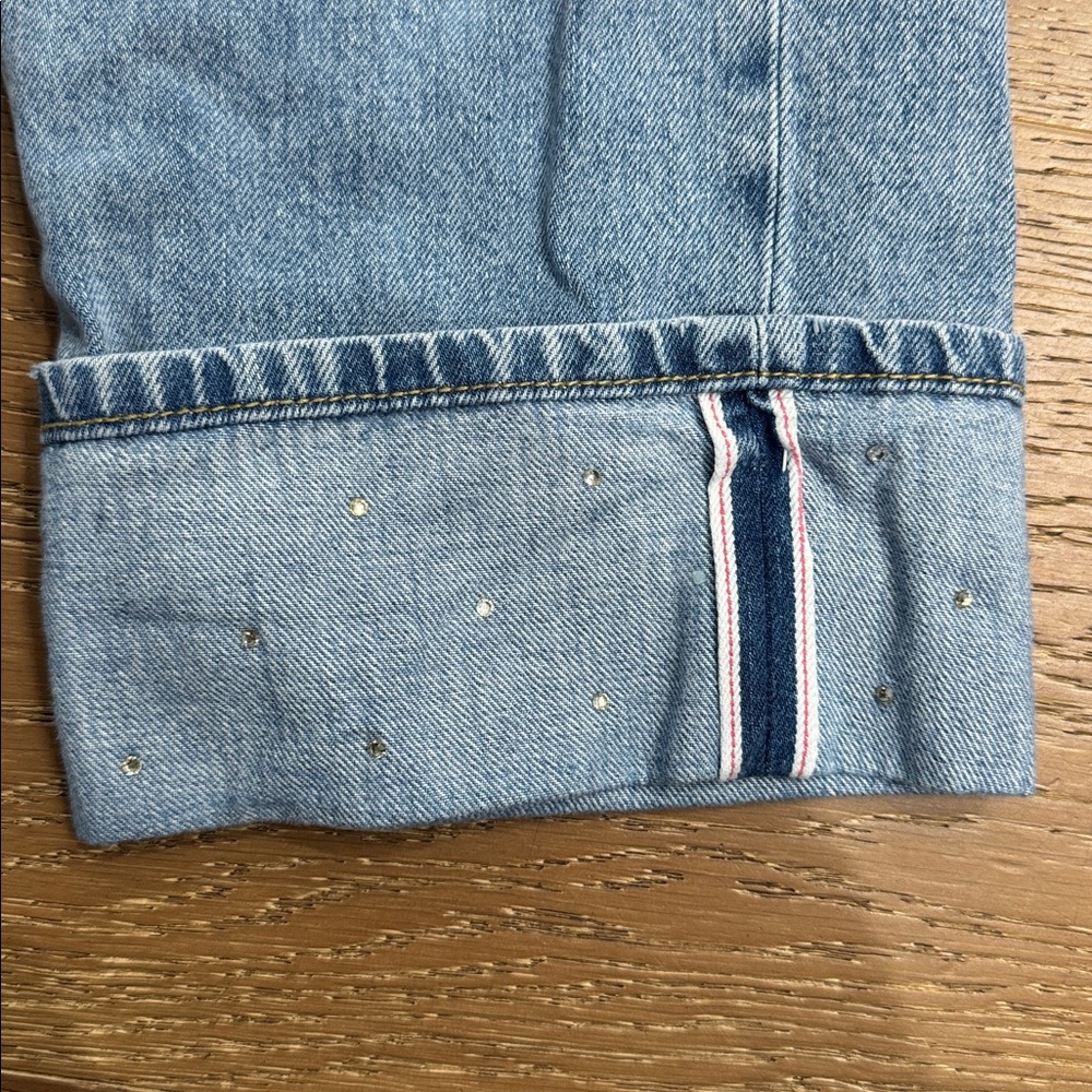 Zara Light Wash Straight Leg Jeans Cuffed Hem Embellished Size 6 - Picture 3 of 7